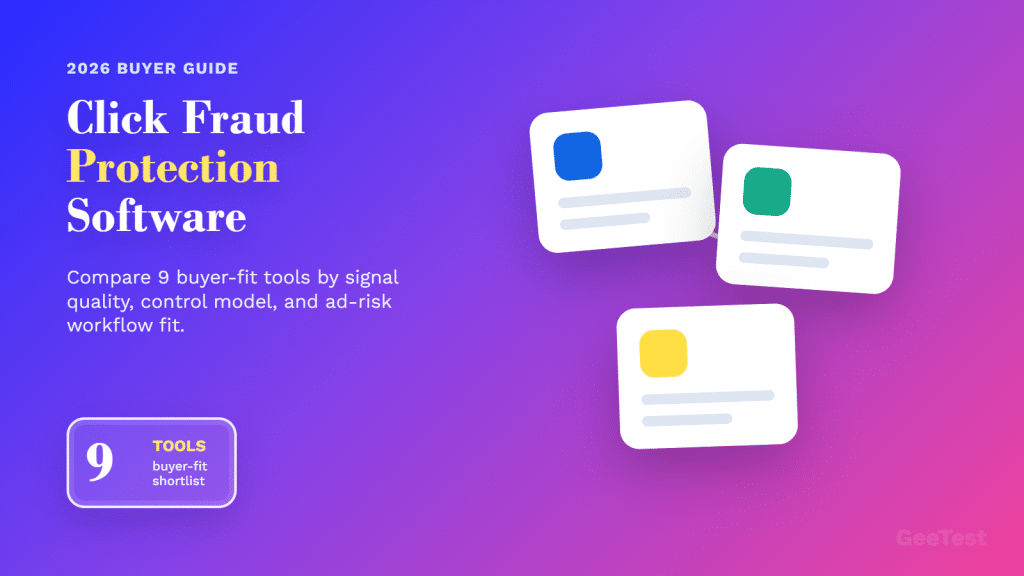 Gradient buyer-guide cover for click fraud protection software with a 9-tool shortlist badge and stacked software cards