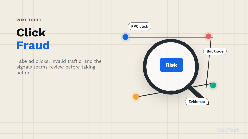 Minimal geometric click fraud cover showing paid-click paths, suspicious bot traces, and a risk lens
