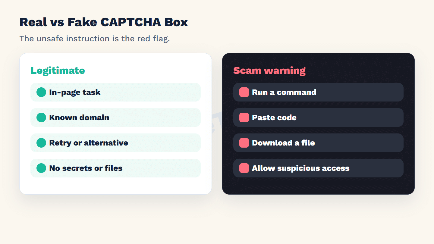 Real vs fake CAPTCHA box checklist