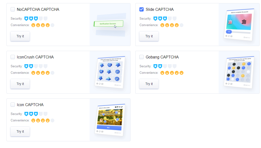 GeeTest Adaptive CAPTCHA challenge type examples