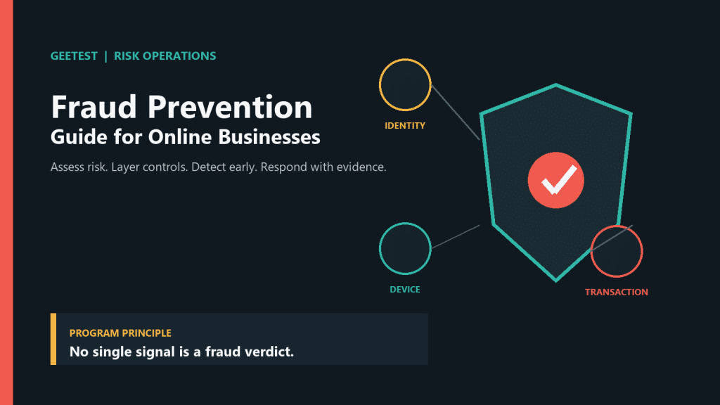 Fraud prevention guide cover showing identity, device, and transaction signals around a layered defense shield.