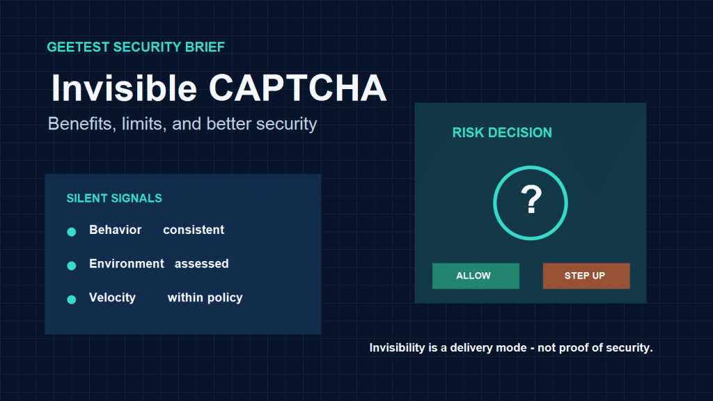 Invisible CAPTCHA cover showing silent signals and a risk decision