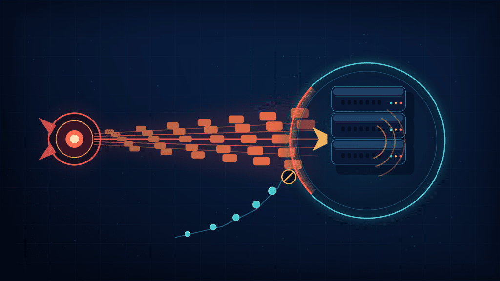 Text-free Denial-of-Service scene showing one attack source overwhelming a protected service while legitimate access is interrupted.